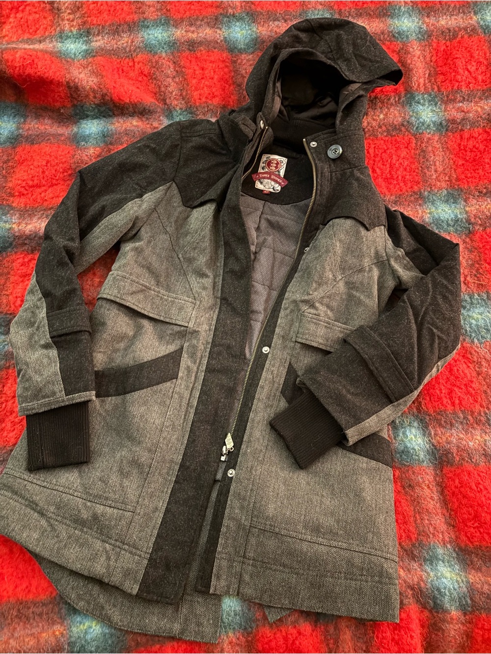LADIES THREE STONE Two-Tone Gray Hooded Winter Coat